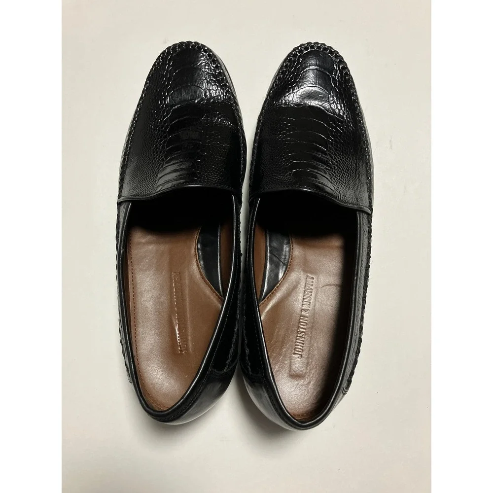 Johnston & Murphy Mens Ostrich Embossed Loafers 9.5M Black Leather Dress Shoes